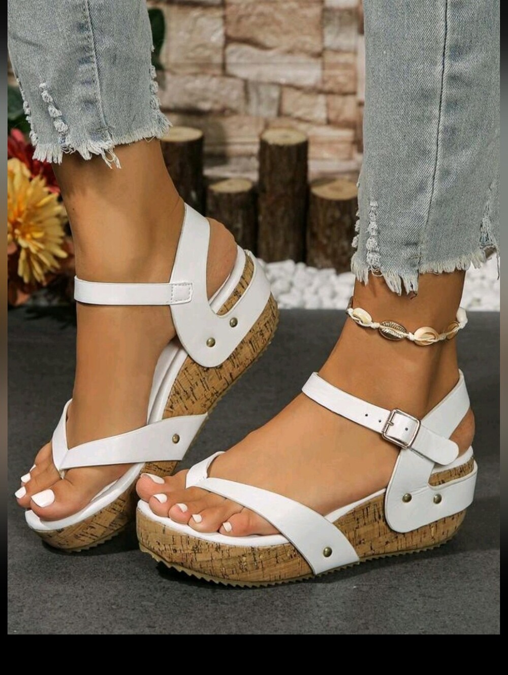 White Cork Platform Slingback Sandals